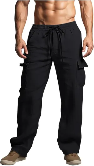 Mens Cotton Linen Pants Elastic Waist Loose Fit Lounge Beach Cargo Pants Casual Lightweight Trouser with Pockets