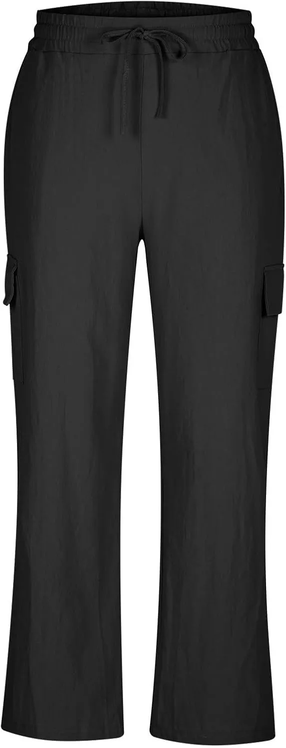 Mens Cotton Linen Pants Elastic Waist Loose Fit Lounge Beach Cargo Pants Casual Lightweight Trouser with Pockets