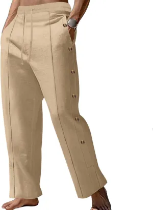 Mens Cotton Linen Trousers Button Elastic Waist Drawstring Casual Trendy Breathable Summer Beach Pants with Pockets