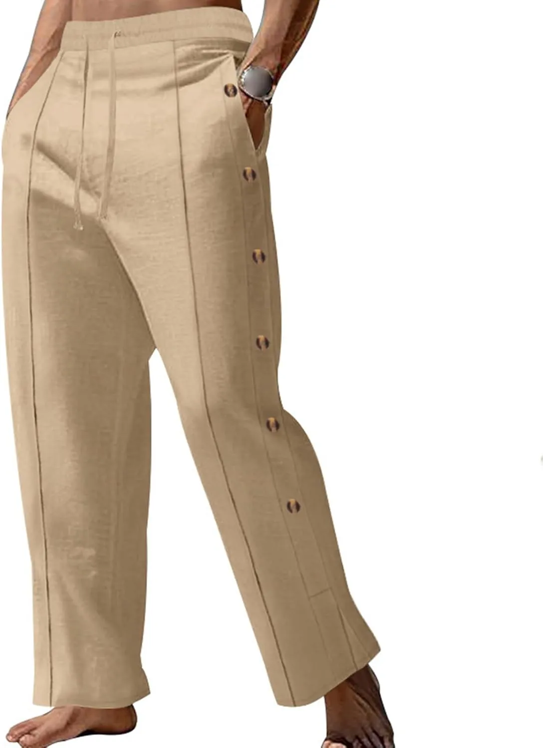 Mens Cotton Linen Trousers Button Elastic Waist Drawstring Casual Trendy Breathable Summer Beach Pants with Pockets
