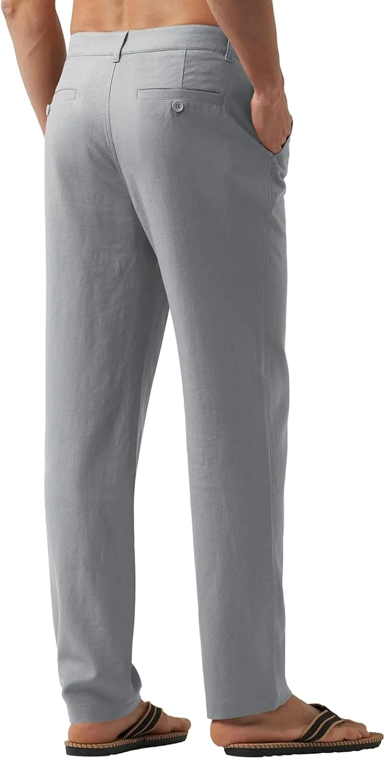 Men's Cotton Linen Trousers Flat Front Slim Fit Pants Solid Color Casual Business Pants Lightweight Stretchy Trousers
