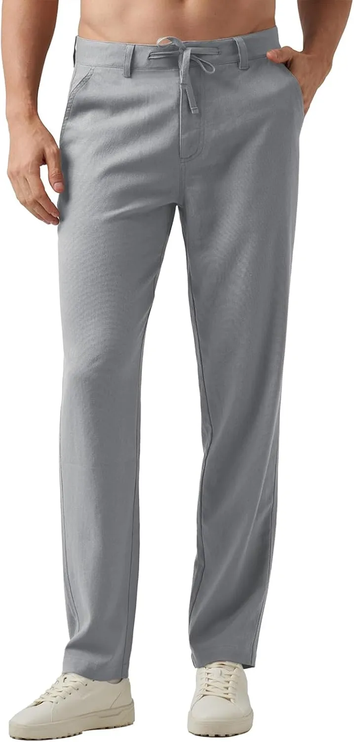 Men's Cotton Linen Trousers Flat Front Slim Fit Pants Solid Color Casual Business Pants Lightweight Stretchy Trousers