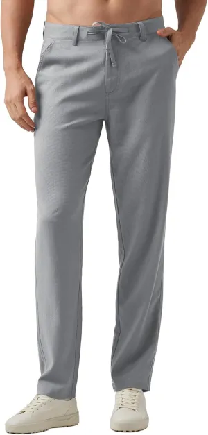 Men's Cotton Linen Trousers Flat Front Slim Fit Pants Solid Color Casual Business Pants Lightweight Stretchy Trousers