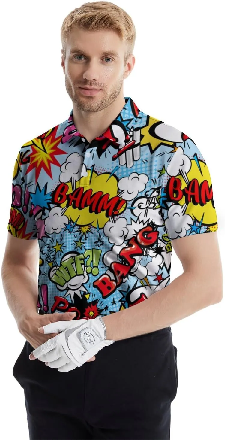 Mens Funny Polo Shirts, Short Sleeve Golf Shirts, Moisture Wicking Quick-Dry Business Casual Shirt for Men