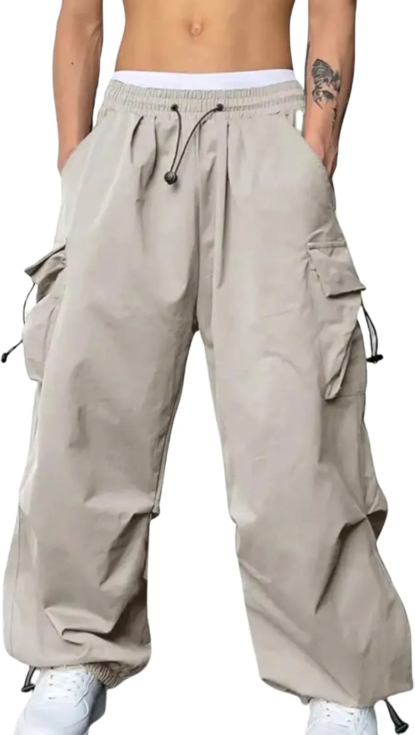 Mens Hiking Parachute Pants High Waist Drawstring Travel Pants Summer Wide Leg Comfy Athletic Trousers with Pockets