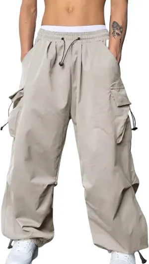 Mens Hiking Parachute Pants High Waist Drawstring Travel Pants Summer Wide Leg Comfy Athletic Trousers with Pockets