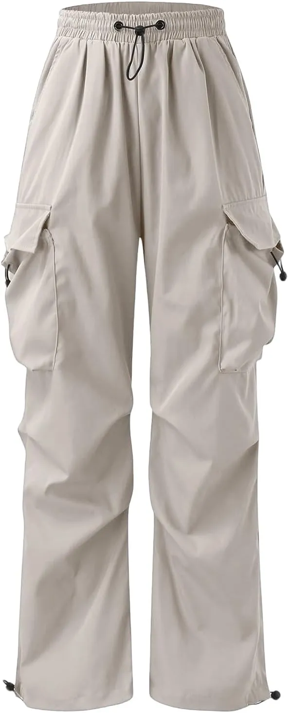 Mens Hiking Parachute Pants High Waist Drawstring Travel Pants Summer Wide Leg Comfy Athletic Trousers with Pockets