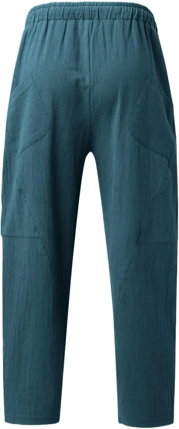 Mens Linen Beach Pants Plus Size Plain Outdoor Casual Pants Vacation Open Bottom Trousers Straight Leg Summer Slacks
