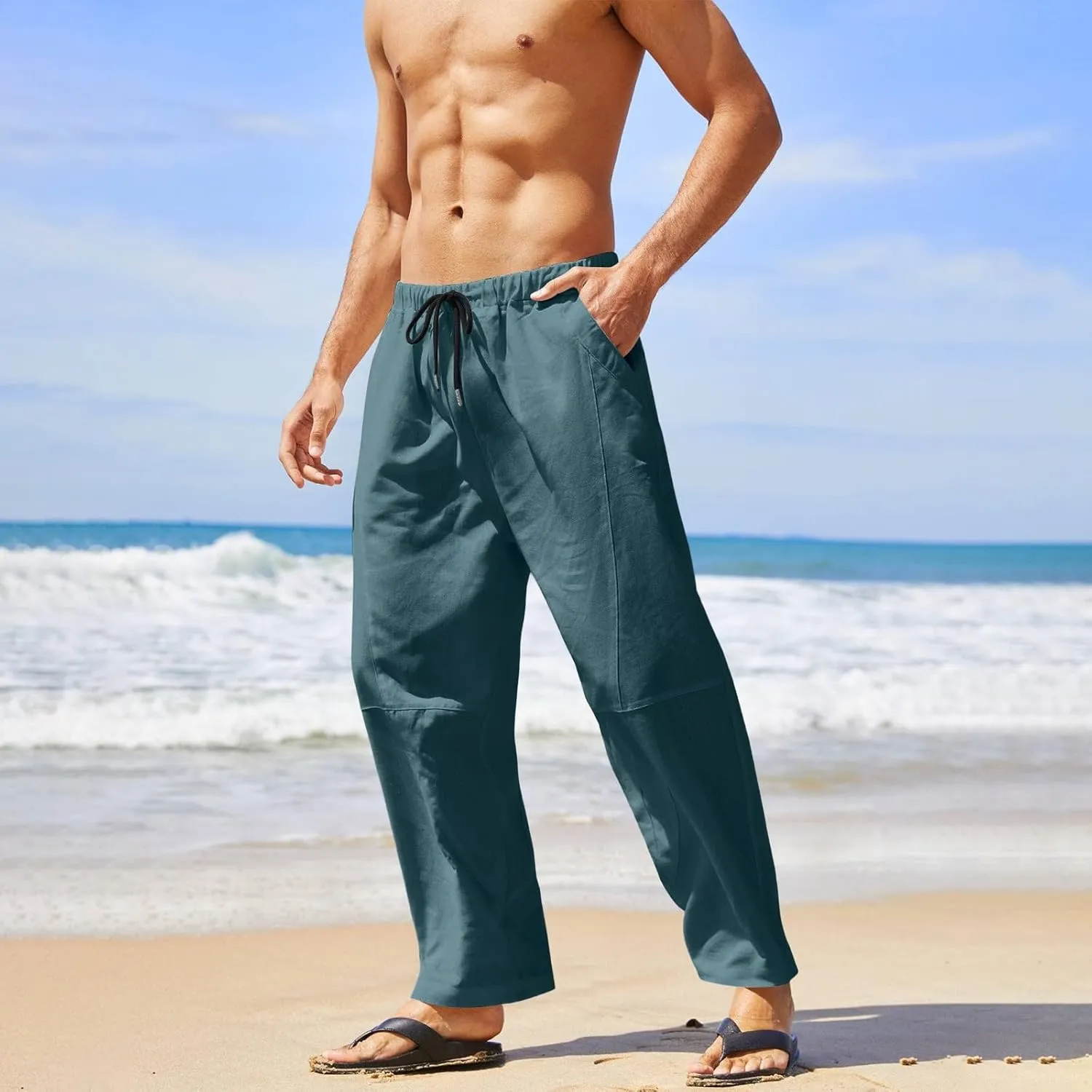 Mens Linen Beach Pants Plus Size Plain Outdoor Casual Pants Vacation Open Bottom Trousers Straight Leg Summer Slacks