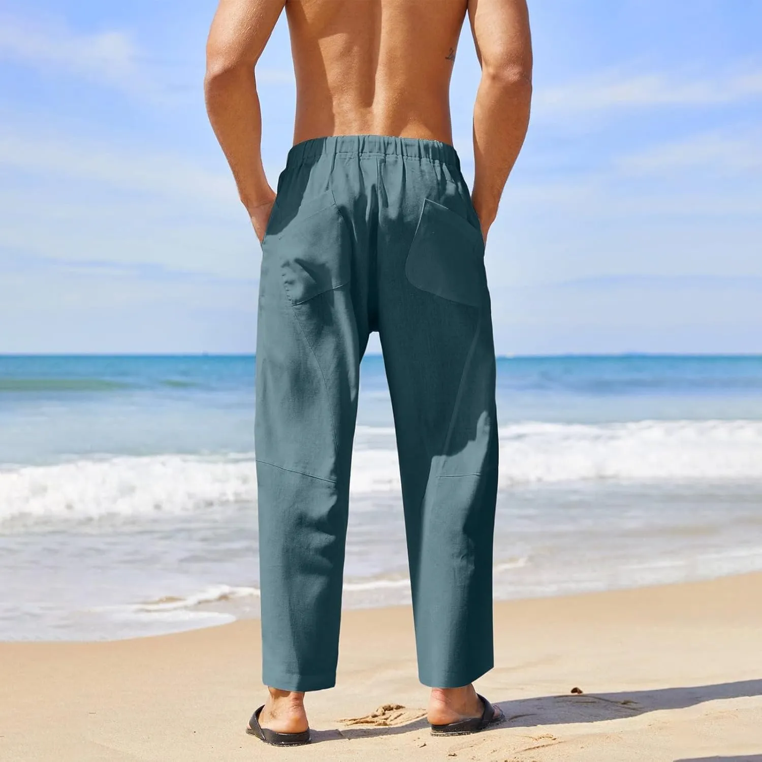 Mens Linen Beach Pants Plus Size Plain Outdoor Casual Pants Vacation Open Bottom Trousers Straight Leg Summer Slacks