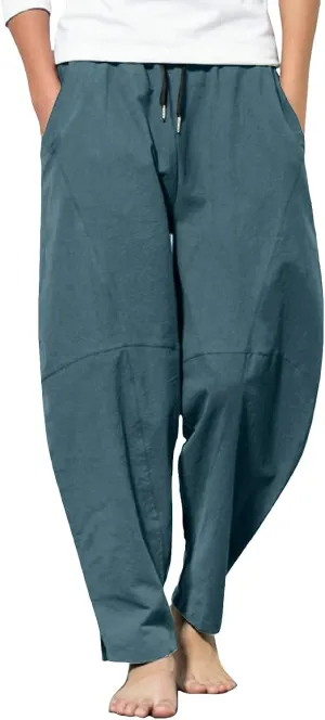 Mens Linen Beach Pants Plus Size Plain Outdoor Casual Pants Vacation Open Bottom Trousers Straight Leg Summer Slacks