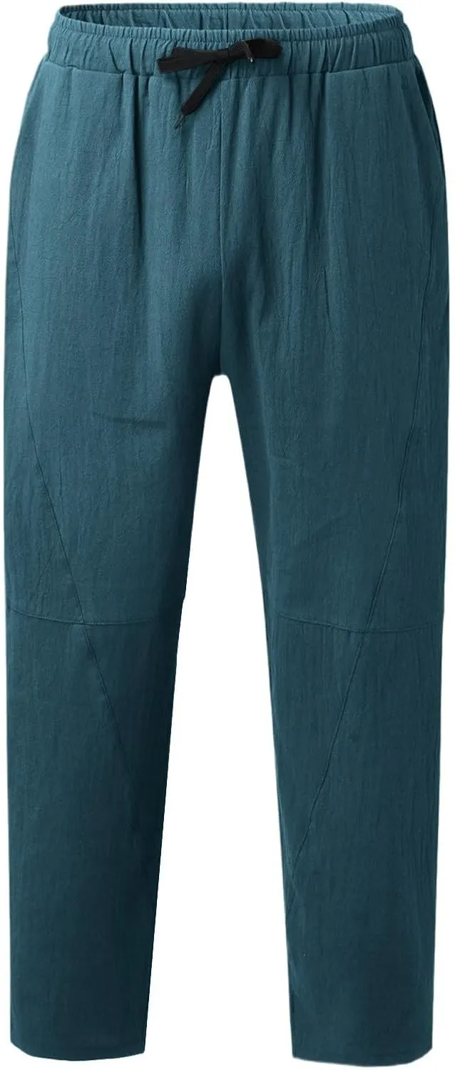 Mens Linen Beach Pants Plus Size Plain Outdoor Casual Pants Vacation Open Bottom Trousers Straight Leg Summer Slacks