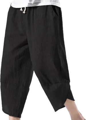 Mens Linen Harem Capri Yoga Pant Lightweight Loose Fit Trousers Drawstring Drop Crotch Stretchy Waist Casual Ankle Pants