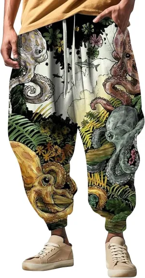 Men's Linen Harem Drawstring Pants Men's Autumn Fun Print Fashion Street Feel Casual Hiking Outdoor Twill Track