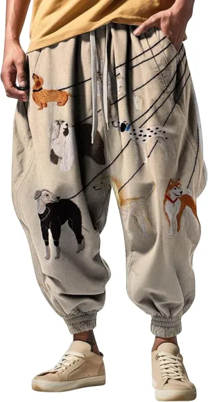 Men's Linen Harem Drawstring Pants Men's Autumn Fun Print Fashion Street Feel Casual Loose Drop Crotch Trousers Gym