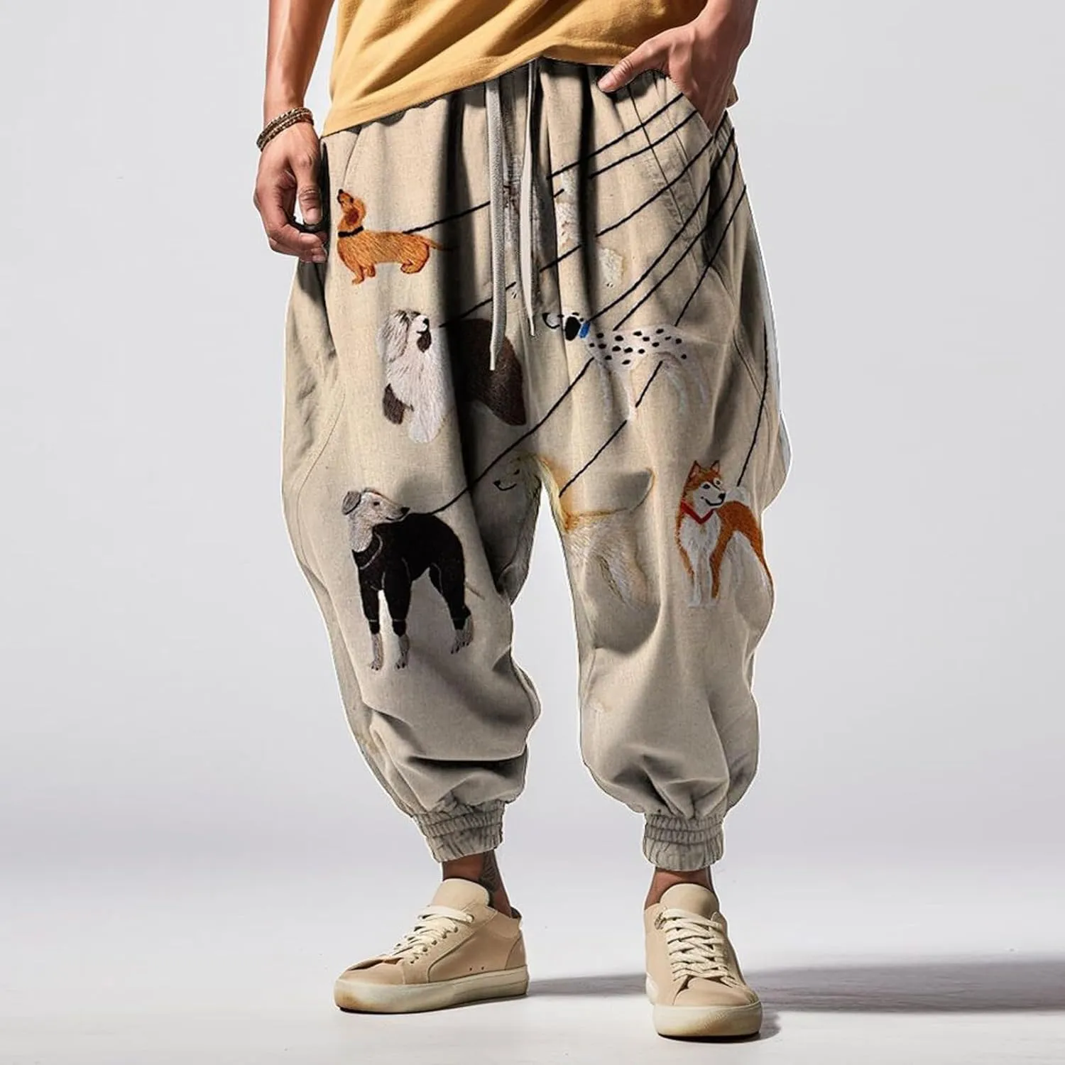 Men's Linen Harem Drawstring Pants Men's Autumn Fun Print Fashion Street Feel Casual Loose Drop Crotch Trousers Gym