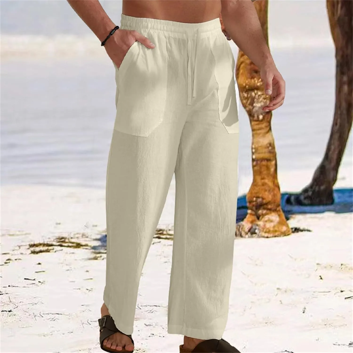 Men's Linen Pants Casual Lightweight Elastic Waist Summer Beach Vacation Pants Drawstring Waist Trousers Plain Slacks