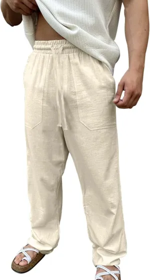 Men's Linen Pants Casual Lightweight Elastic Waist Summer Beach Vacation Pants Drawstring Waist Trousers Plain Slacks