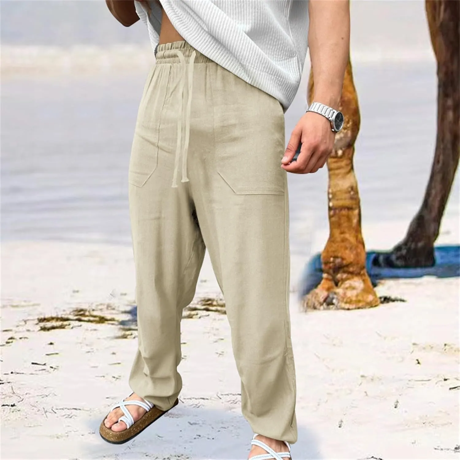 Men's Linen Pants Casual Lightweight Elastic Waist Summer Beach Vacation Pants Drawstring Waist Trousers Plain Slacks