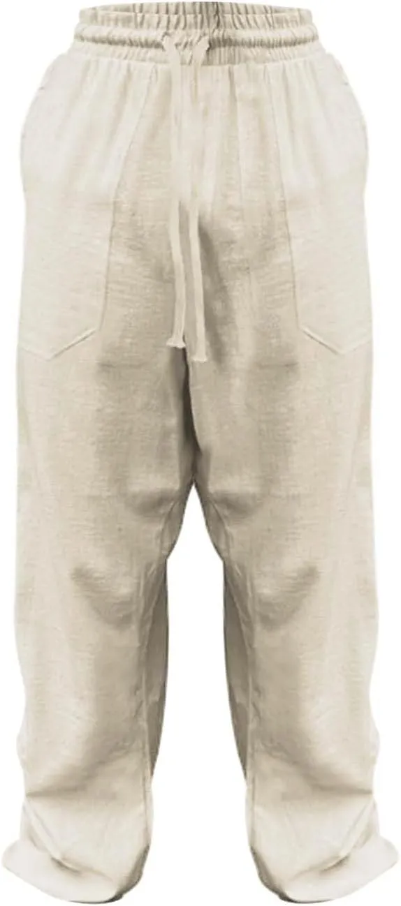 Men's Linen Pants Casual Lightweight Elastic Waist Summer Beach Vacation Pants Drawstring Waist Trousers Plain Slacks