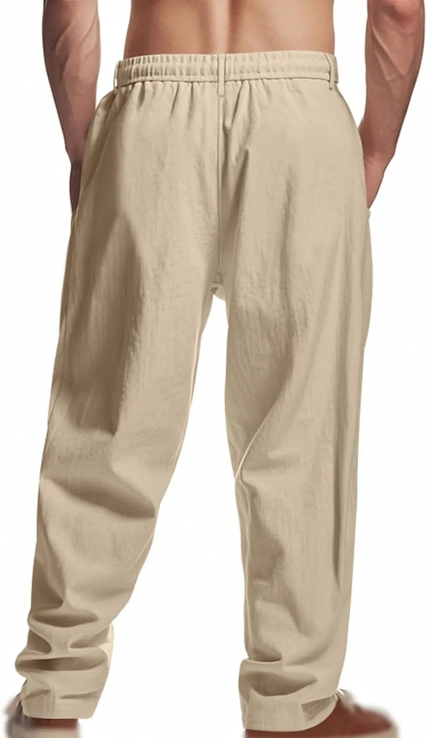 Mens Linen Pants Fashion Simple Drawstring Waist Pants Wide Leg Yoga Trouser Outdoor Breathable Comfy Travel Trousers