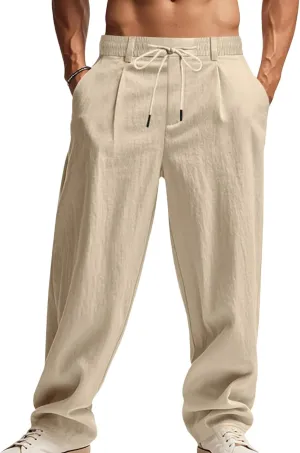 Mens Linen Pants Fashion Simple Drawstring Waist Pants Wide Leg Yoga Trouser Outdoor Breathable Comfy Travel Trousers