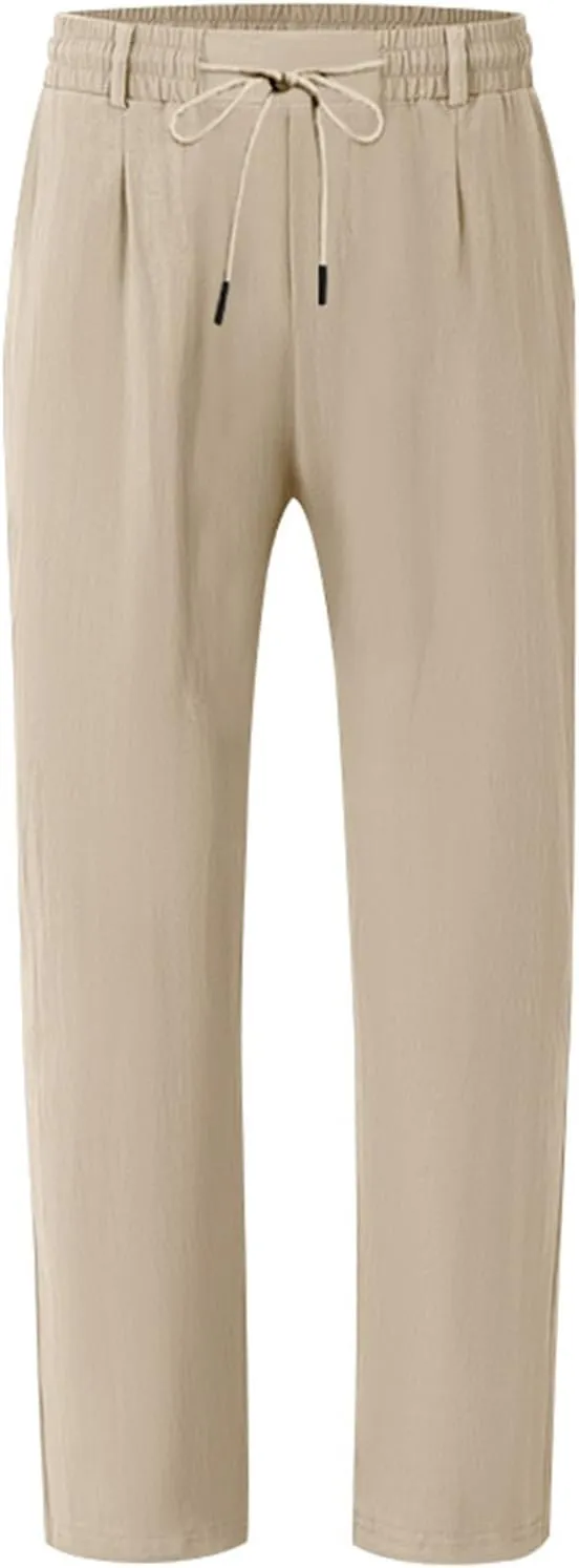 Mens Linen Pants Fashion Simple Drawstring Waist Pants Wide Leg Yoga Trouser Outdoor Breathable Comfy Travel Trousers