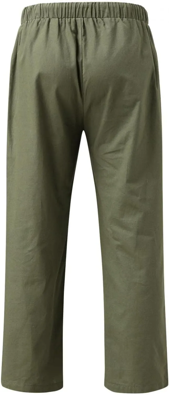 Mens Linen Straight Pants Drawstring Straight Elastic Waist Lightweight Casual Loose Pants Stretch Jogger Trousers