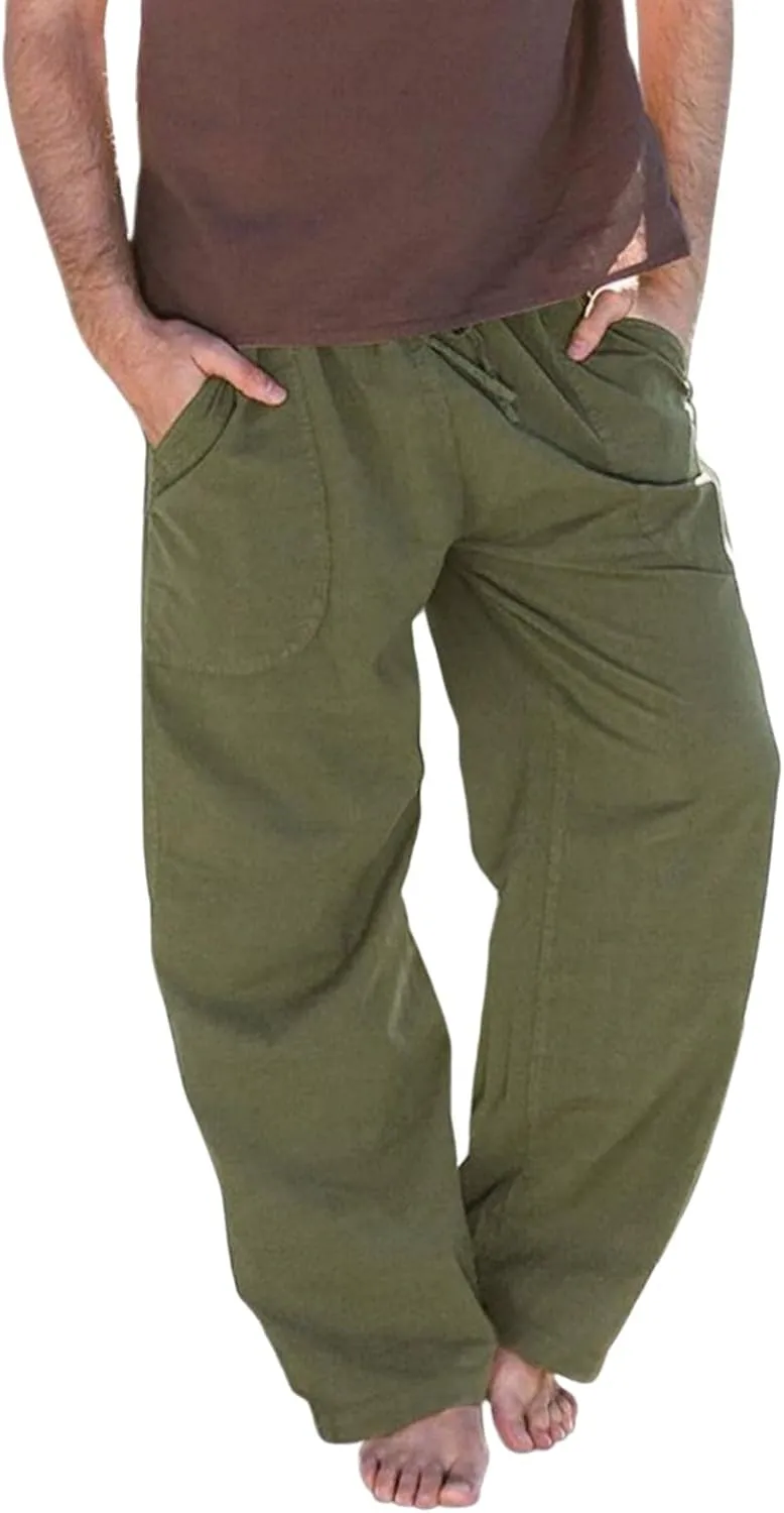 Mens Linen Straight Pants Drawstring Straight Elastic Waist Lightweight Casual Loose Pants Stretch Jogger Trousers