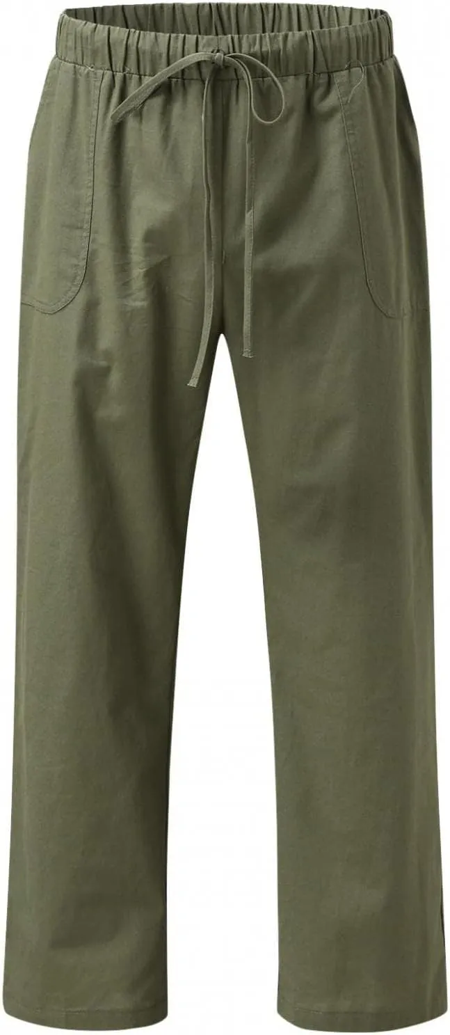 Mens Linen Straight Pants Drawstring Straight Elastic Waist Lightweight Casual Loose Pants Stretch Jogger Trousers