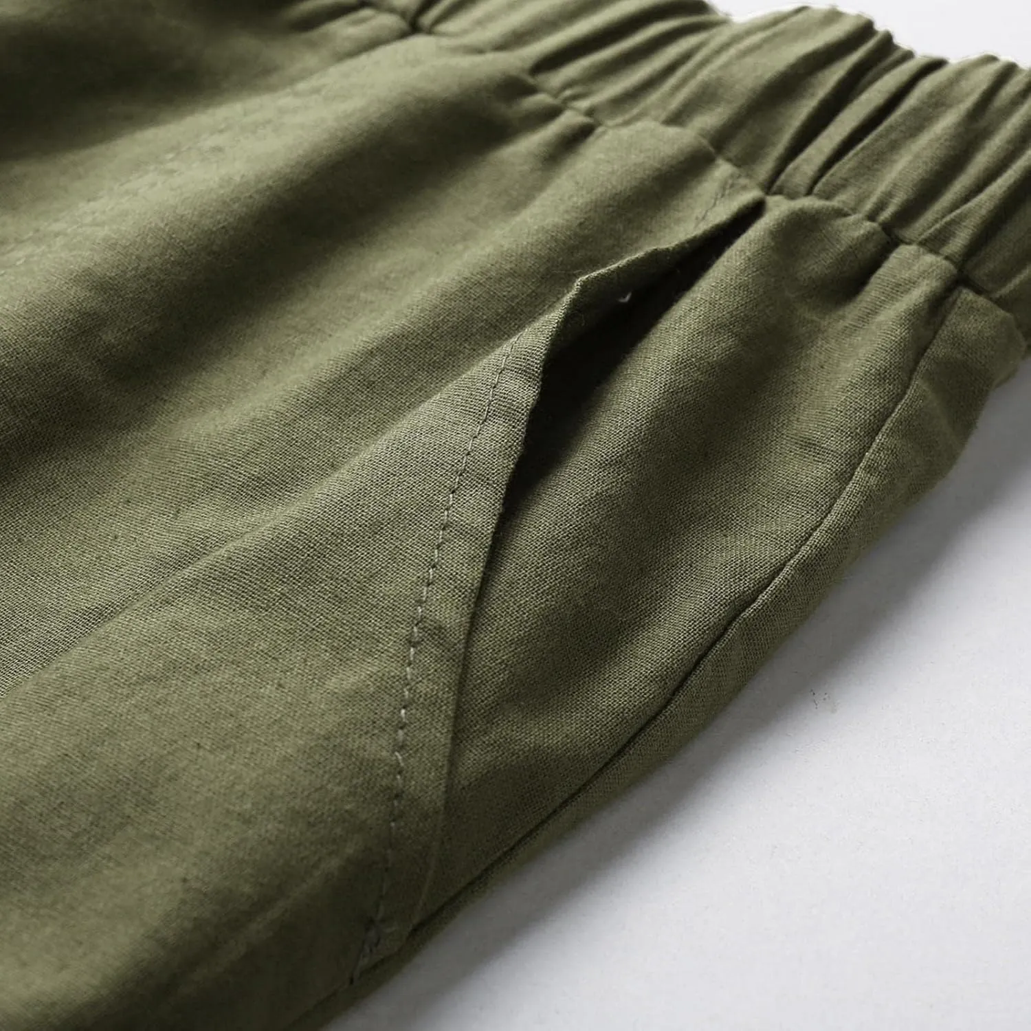 Mens Linen Straight Pants Drawstring Straight Elastic Waist Lightweight Casual Loose Pants Stretch Jogger Trousers