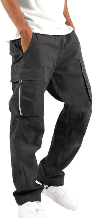 Mens Loose Cargo Pants Sports Hat Multi Woven Pocket Foot Rope Solid Pants Street Cargo Baggy Camo Tactical Trousers