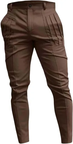 Mens Pleated Front Casual Pants Trendy Solid Pant Outdoor Fashion Slim Fit Trousers for Mens with Pockets