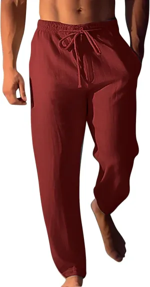 Men's Summer Beach Linen Pants Lightweight Casual Pants Elastic Waist Drawstring Trousers Outdoor Vacation Slacks