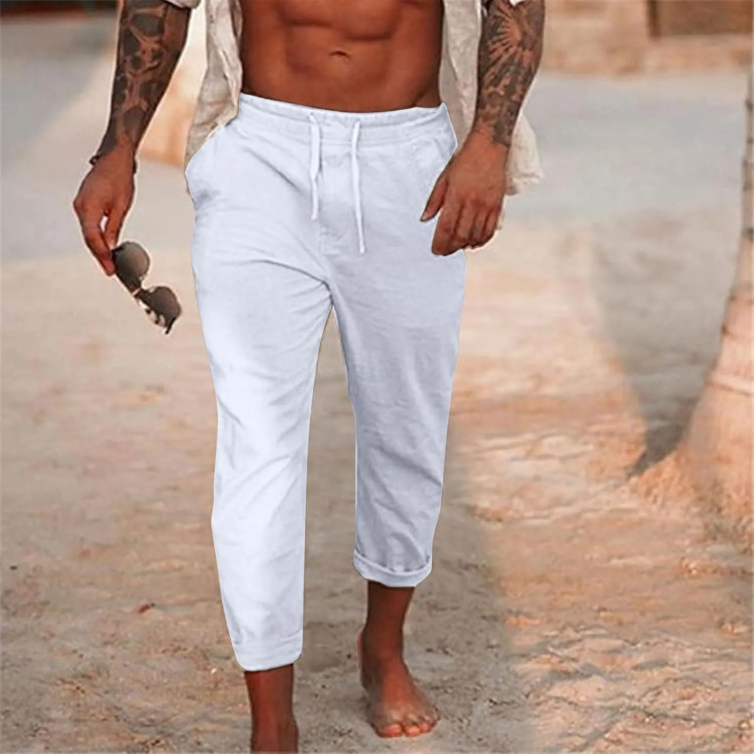 Men's Summer Cotton and Linen Solid Color Drawstring Loose Casual Outdoor Beach Pants 2025