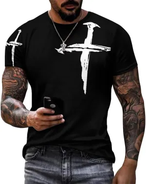 Mens T-Shirts Jesus Cross Faith Vintage Oil Painting Casual T-Shirts Summer Crew Neck Short Sleeve Christian Tops