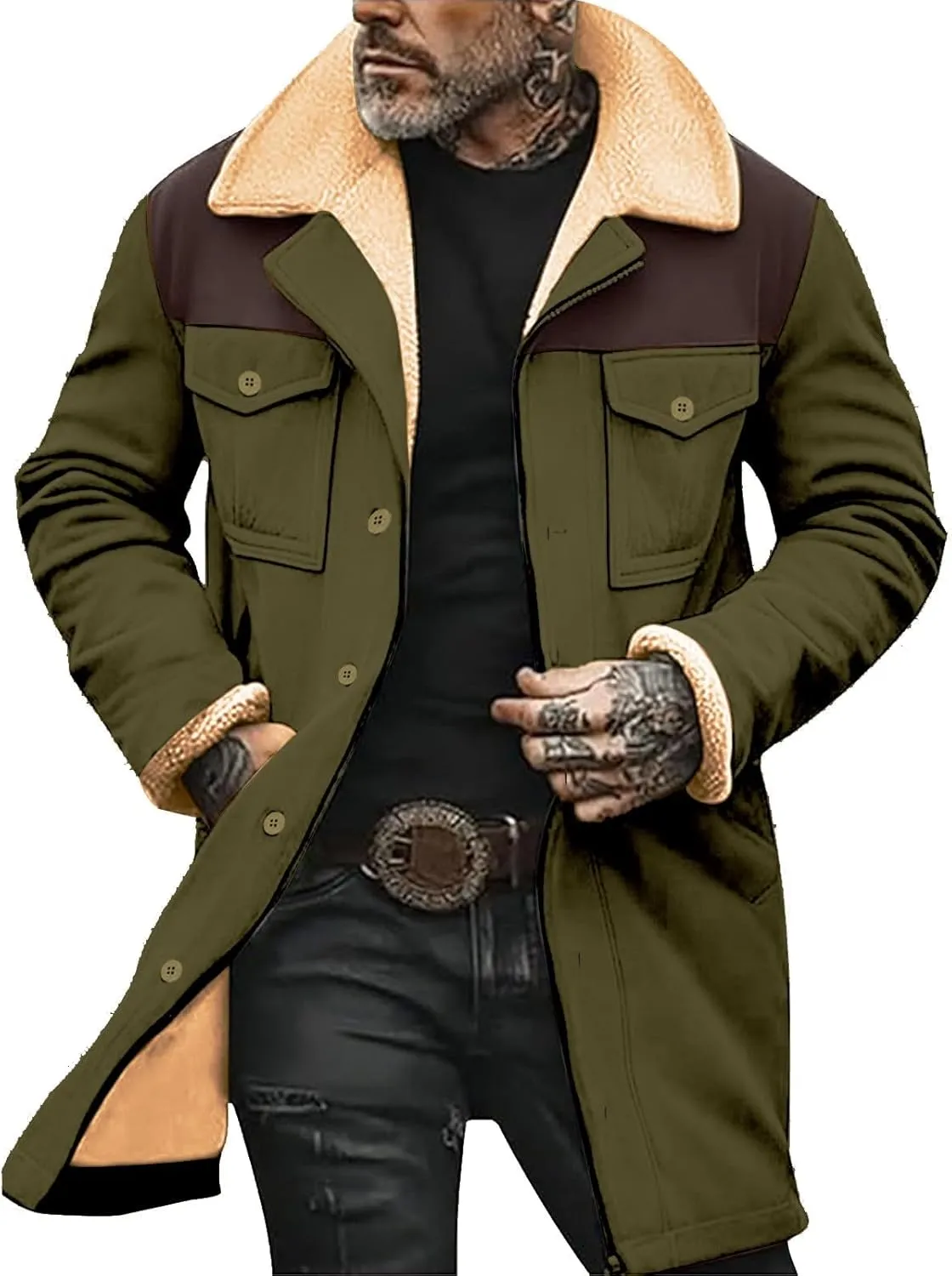 Men's Vintage Western Jackets Plush Reversed Collar Winter Jackets Button Down Long Trench Coats Punk Jackets Big&Tall