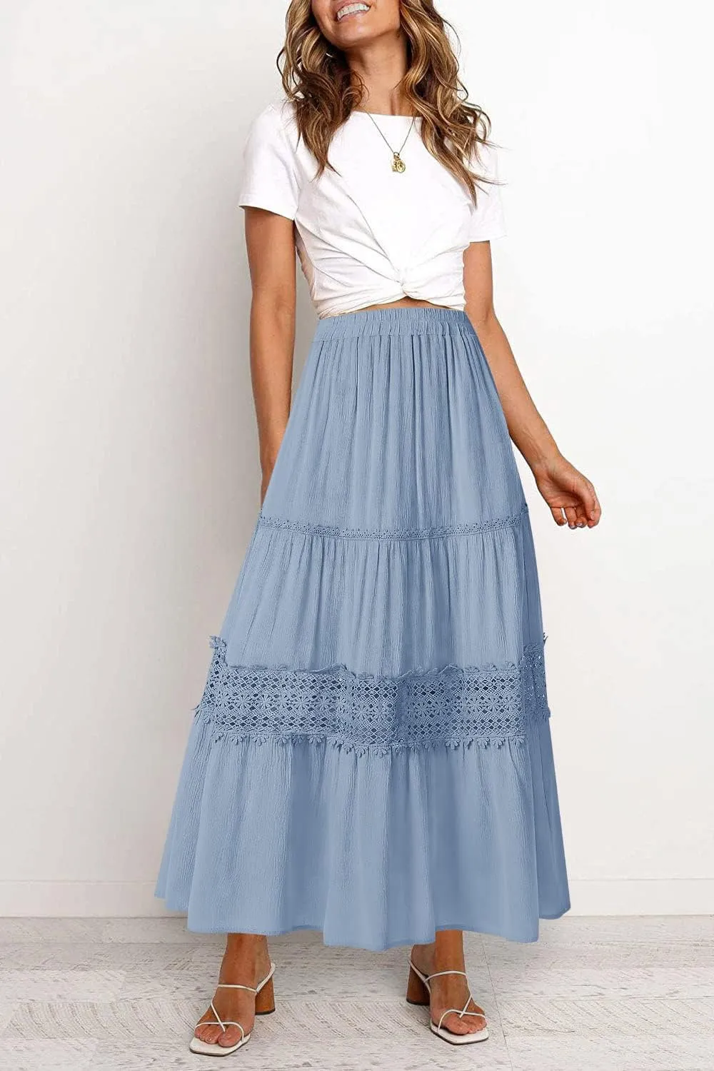 MEROKEETY Women's Boho Elastic High Waist Pleated A-line Ruffle Lace Trim Tiered Midi Maxi Skirt with Pockets