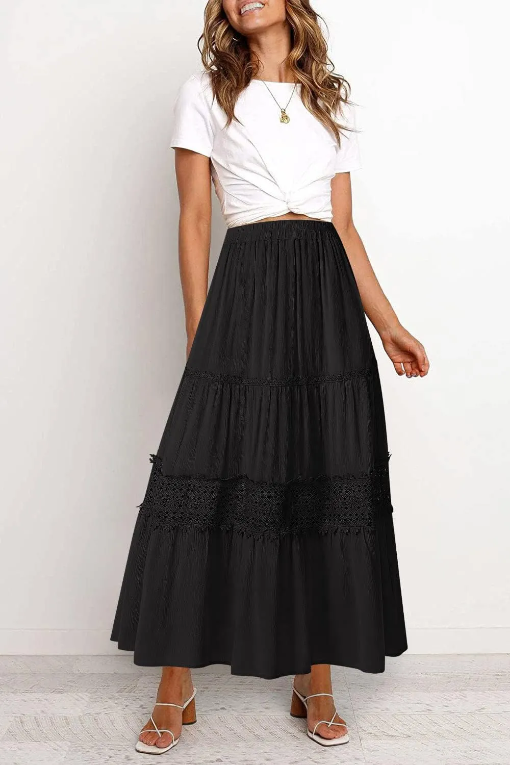 MEROKEETY Women's Boho Elastic High Waist Pleated A-line Ruffle Lace Trim Tiered Midi Maxi Skirt with Pockets