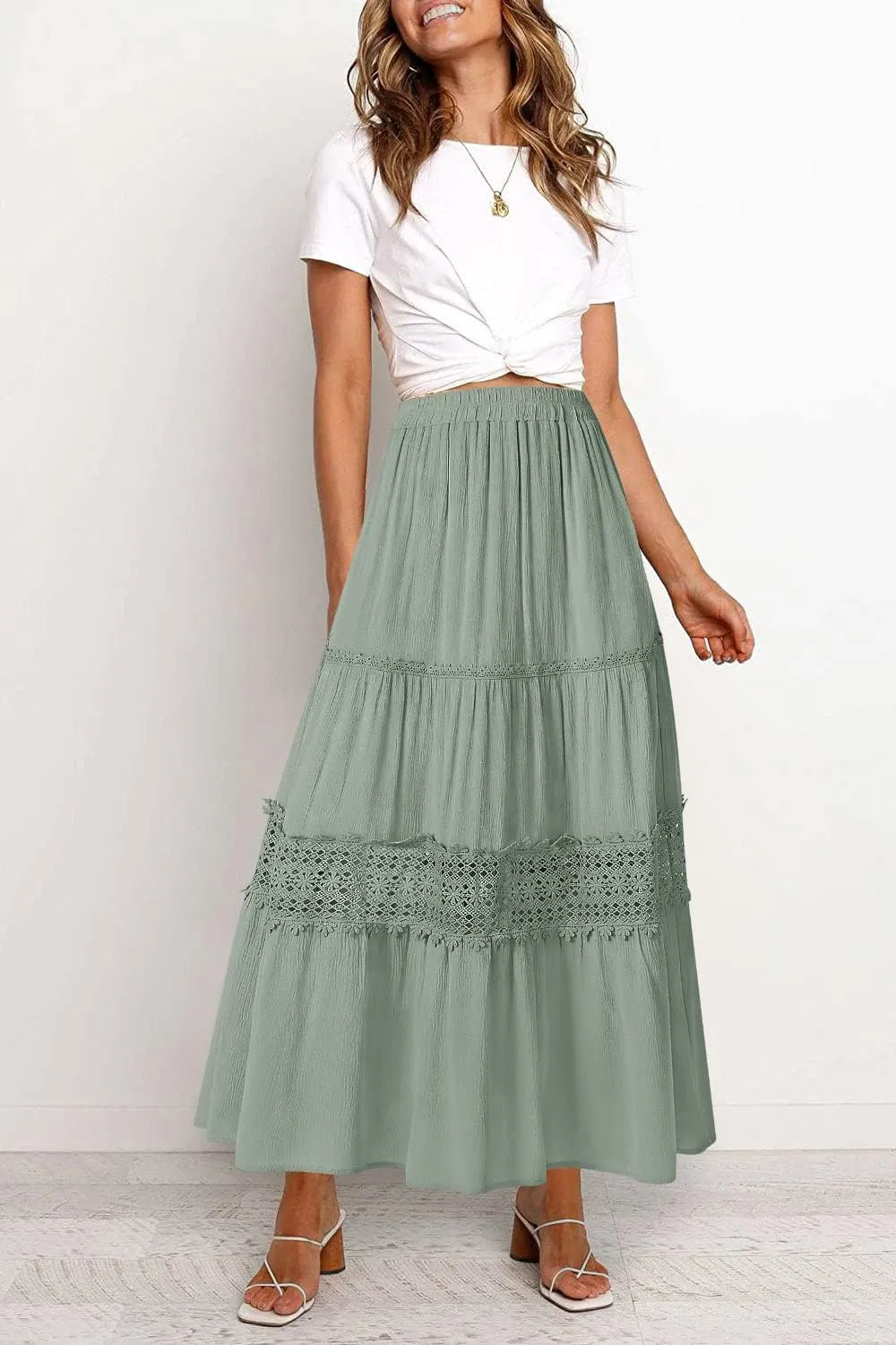 MEROKEETY Women's Boho Elastic High Waist Pleated A-line Ruffle Lace Trim Tiered Midi Maxi Skirt with Pockets