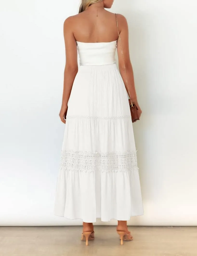 MEROKEETY Women's Boho Elastic High Waist Pleated A-line Ruffle Lace Trim Tiered Midi Maxi Skirt with Pockets