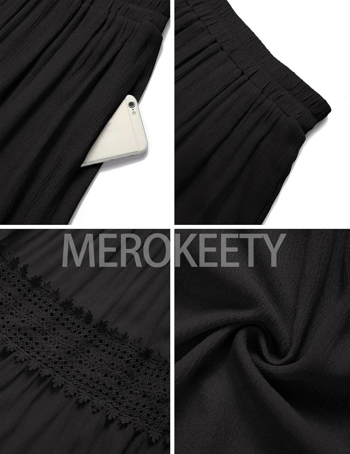 MEROKEETY Women's Boho Elastic High Waist Pleated A-line Ruffle Lace Trim Tiered Midi Maxi Skirt with Pockets