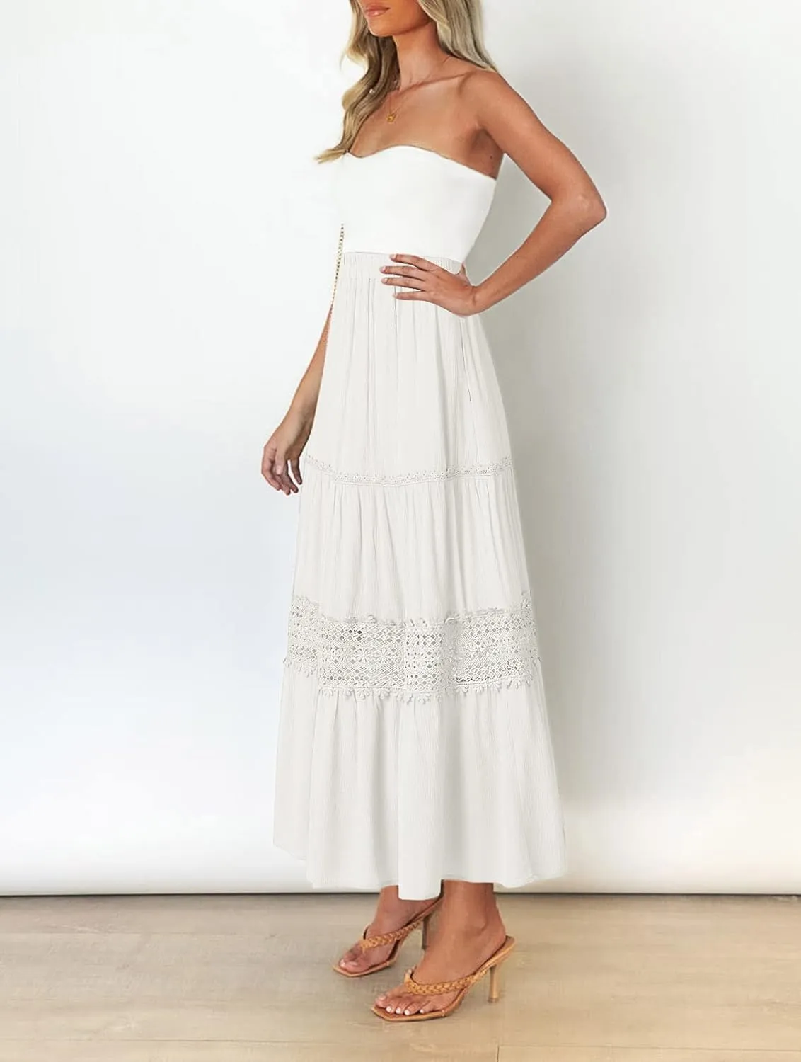 MEROKEETY Women's Boho Elastic High Waist Pleated A-line Ruffle Lace Trim Tiered Midi Maxi Skirt with Pockets