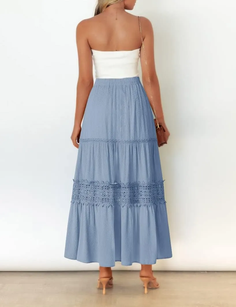 MEROKEETY Women's Boho Elastic High Waist Pleated A-line Ruffle Lace Trim Tiered Midi Maxi Skirt with Pockets