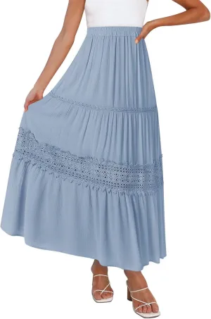 MEROKEETY Women's Boho Elastic High Waist Pleated A-line Ruffle Lace Trim Tiered Midi Maxi Skirt with Pockets