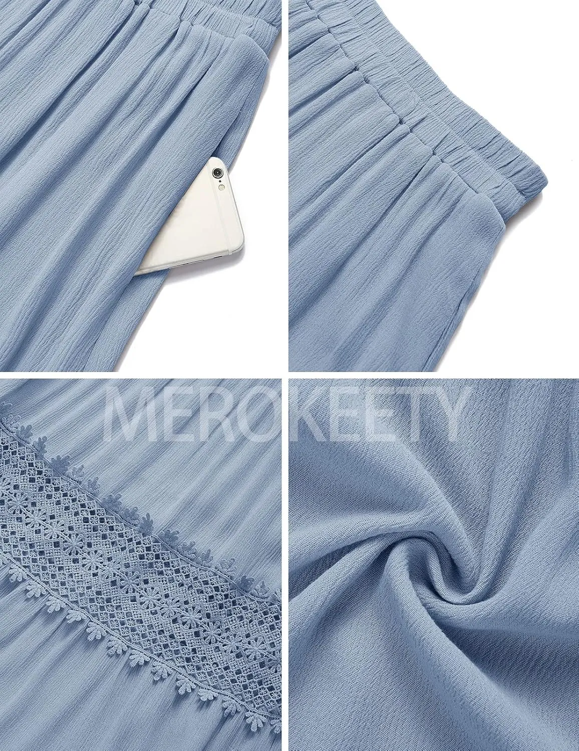 MEROKEETY Women's Boho Elastic High Waist Pleated A-line Ruffle Lace Trim Tiered Midi Maxi Skirt with Pockets