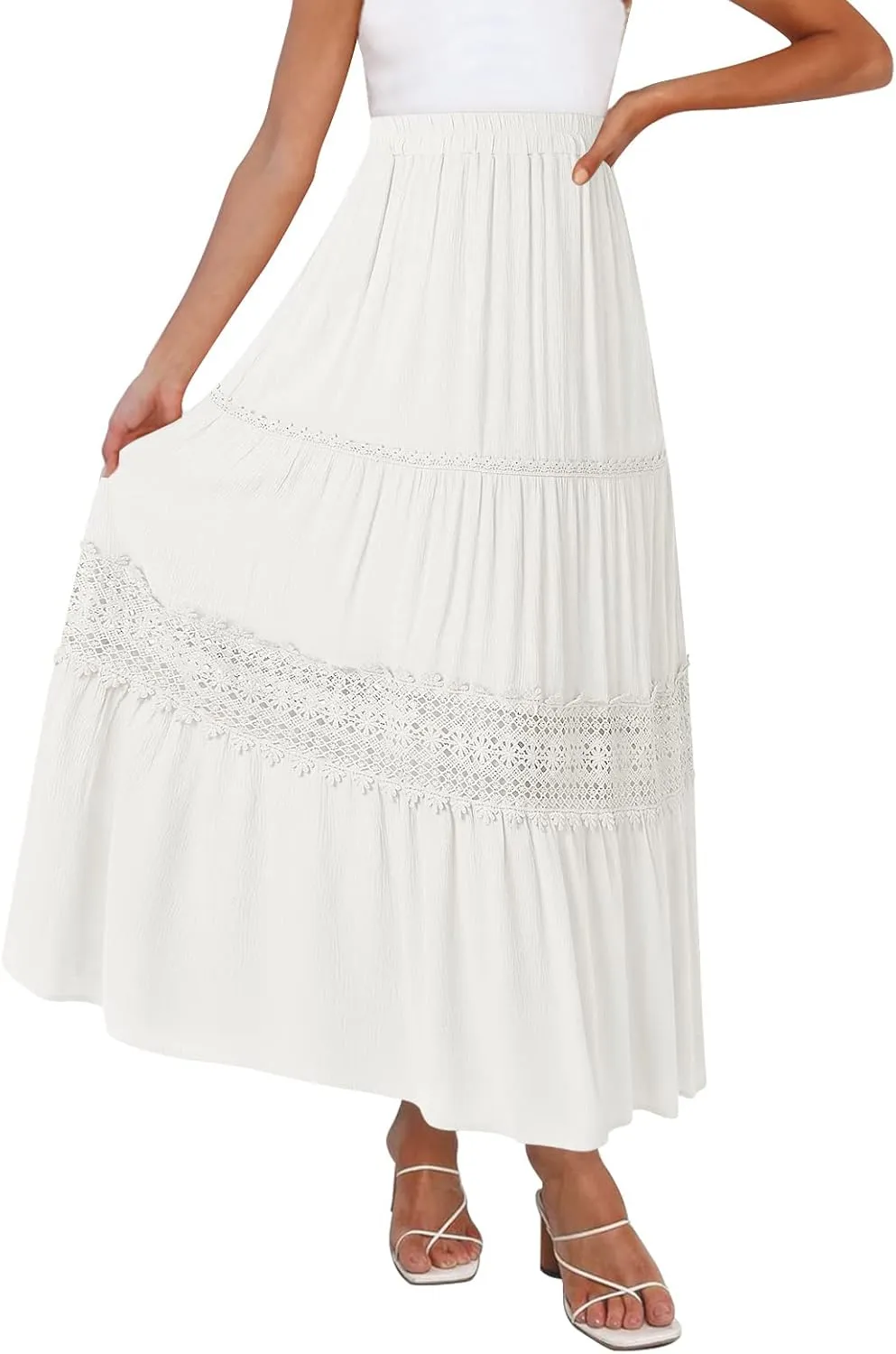 MEROKEETY Women's Boho Elastic High Waist Pleated A-line Ruffle Lace Trim Tiered Midi Maxi Skirt with Pockets