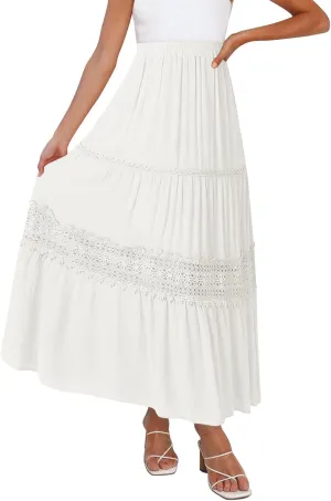 MEROKEETY Women's Boho Elastic High Waist Pleated A-line Ruffle Lace Trim Tiered Midi Maxi Skirt with Pockets