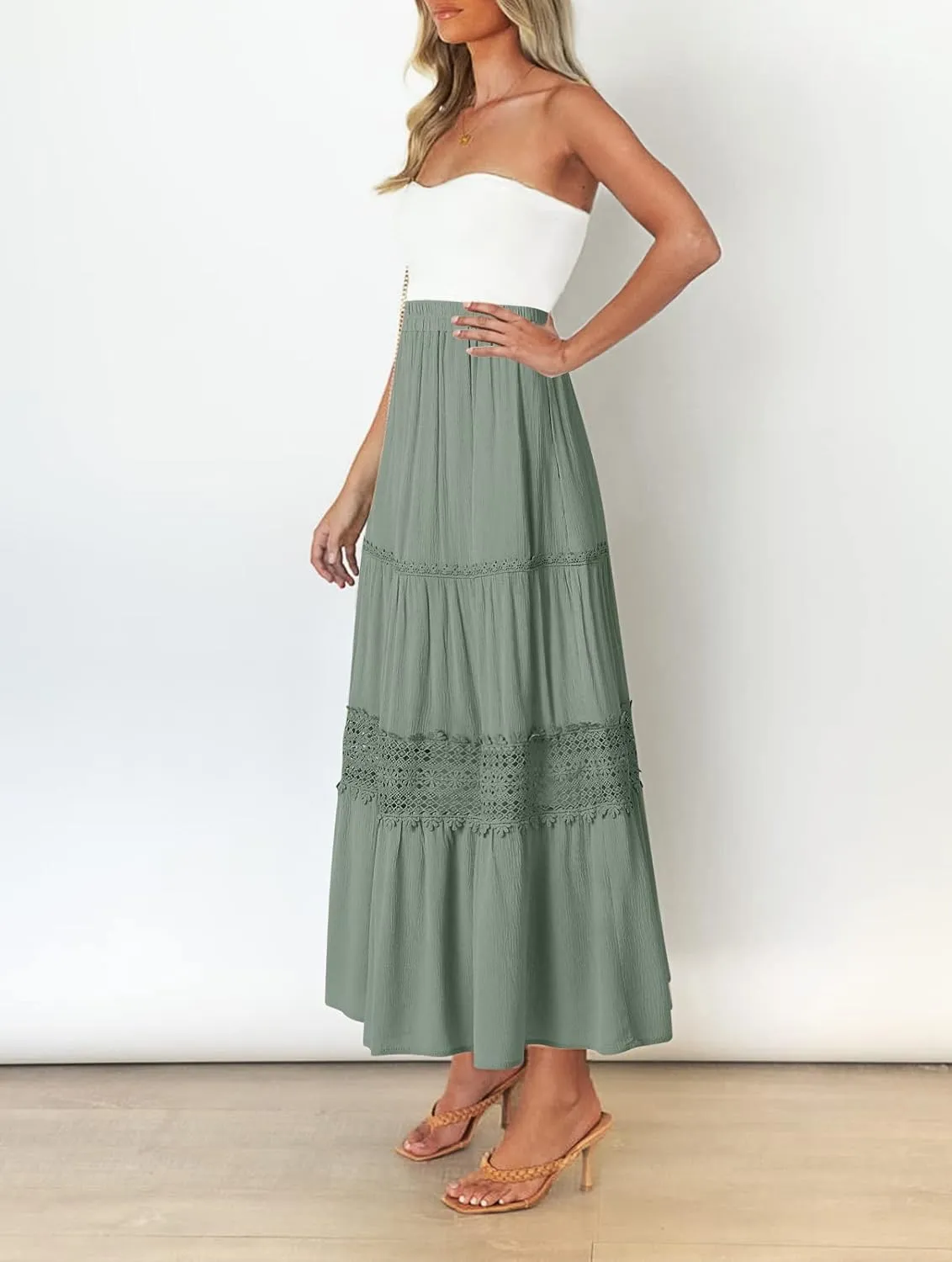 MEROKEETY Women's Boho Elastic High Waist Pleated A-line Ruffle Lace Trim Tiered Midi Maxi Skirt with Pockets