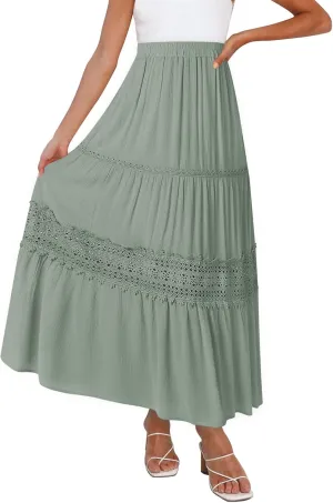 MEROKEETY Women's Boho Elastic High Waist Pleated A-line Ruffle Lace Trim Tiered Midi Maxi Skirt with Pockets